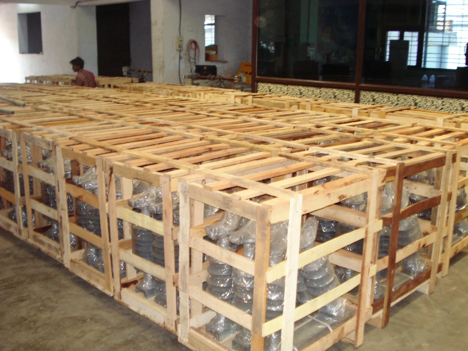 Electrical equipment secured in wooden transport frames