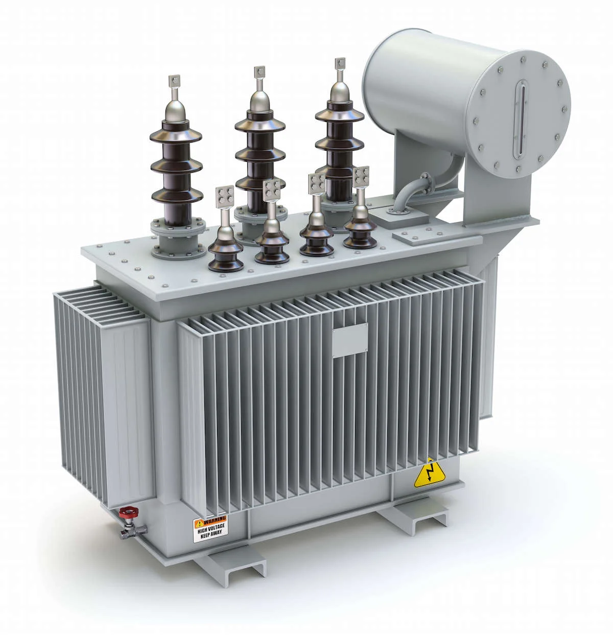 Electrical power transformer with cooling fins and high-voltage bushings